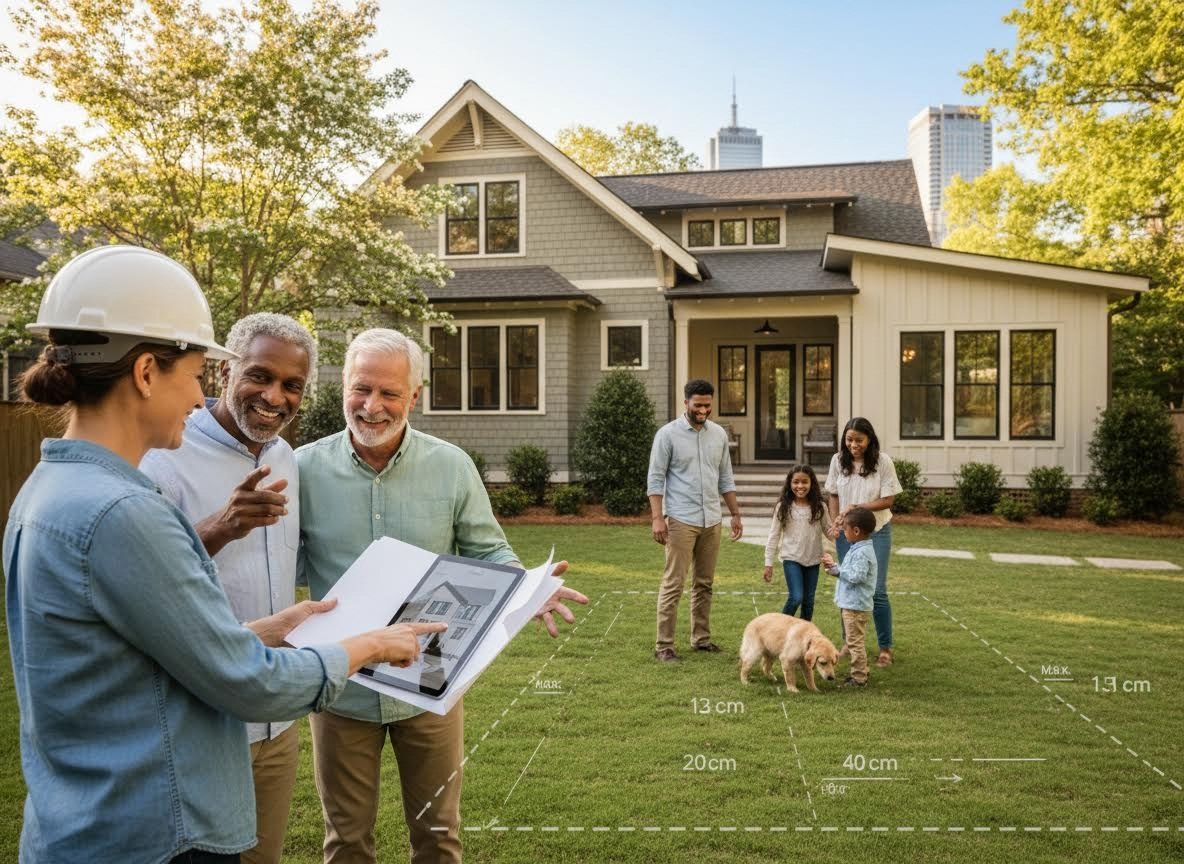 Architect presenting home plans to clients with family in new home's yard