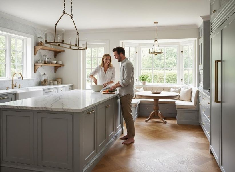 Couple cooking in a bright, modern kitchen