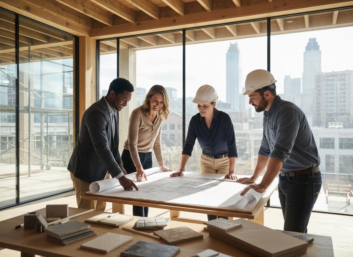 Diverse Team of Architects and Engineers Reviewing Blueprints at Construction Site