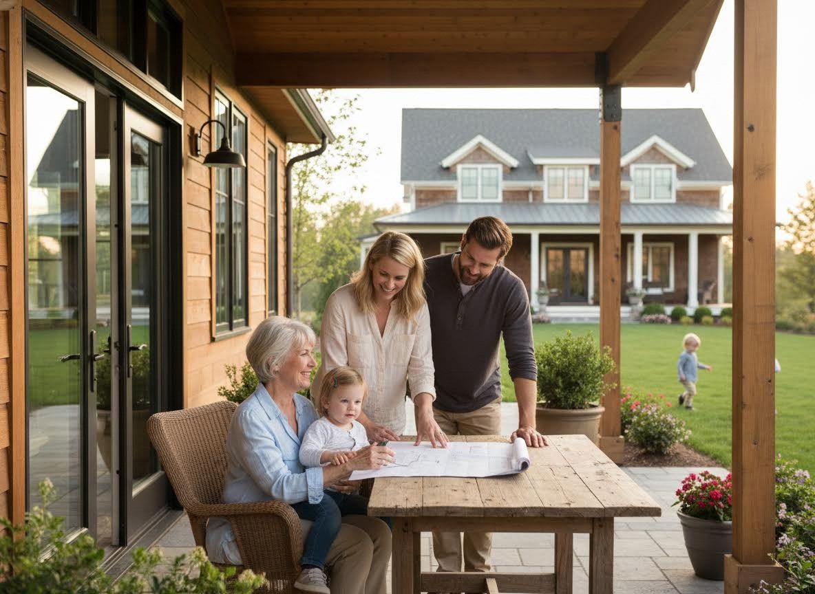 Multi-generational family reviewing home blueprints on a patio