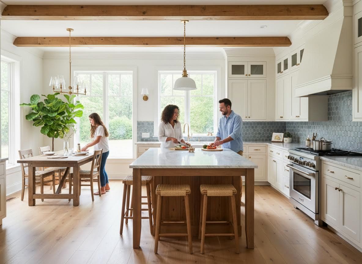 Family meal preparation in a modern, open-plan kitchen