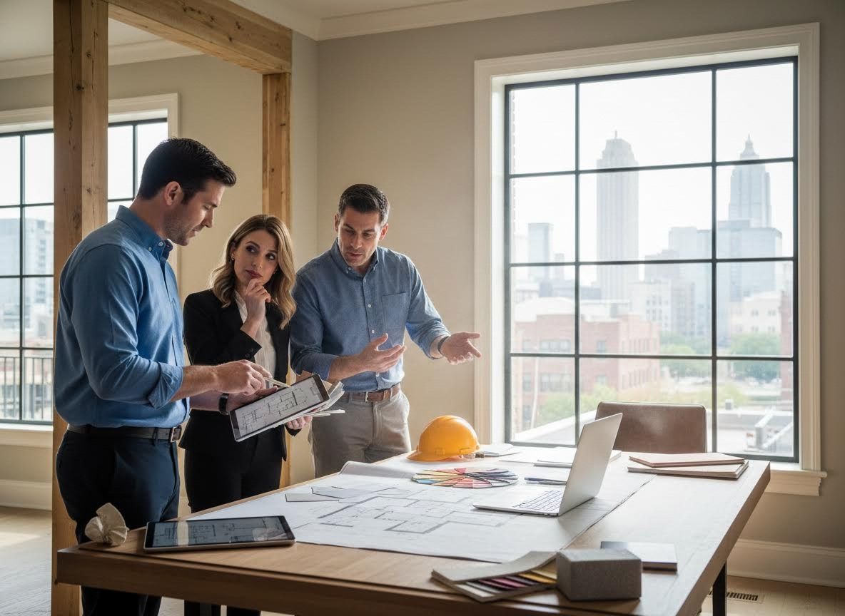 Architects and designers review building plans