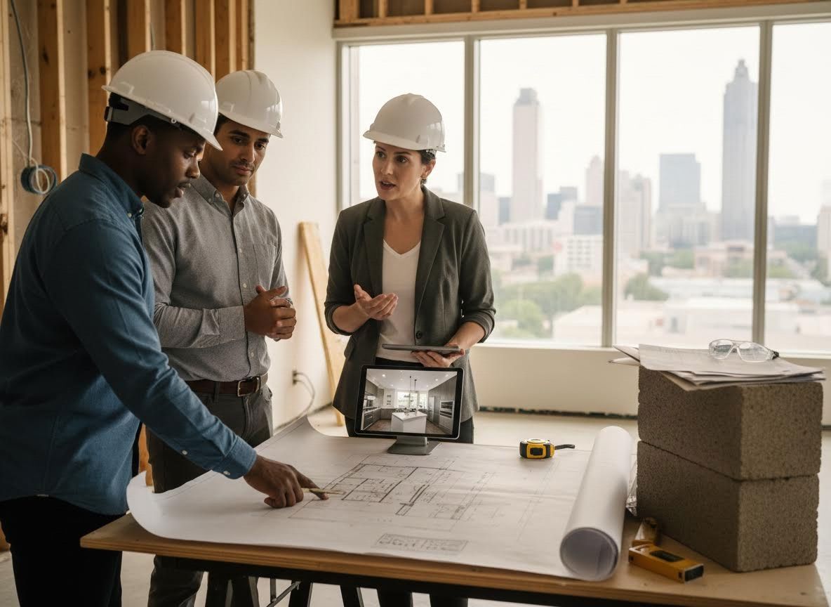Architects and builders reviewing blueprints on a construction site with a city view