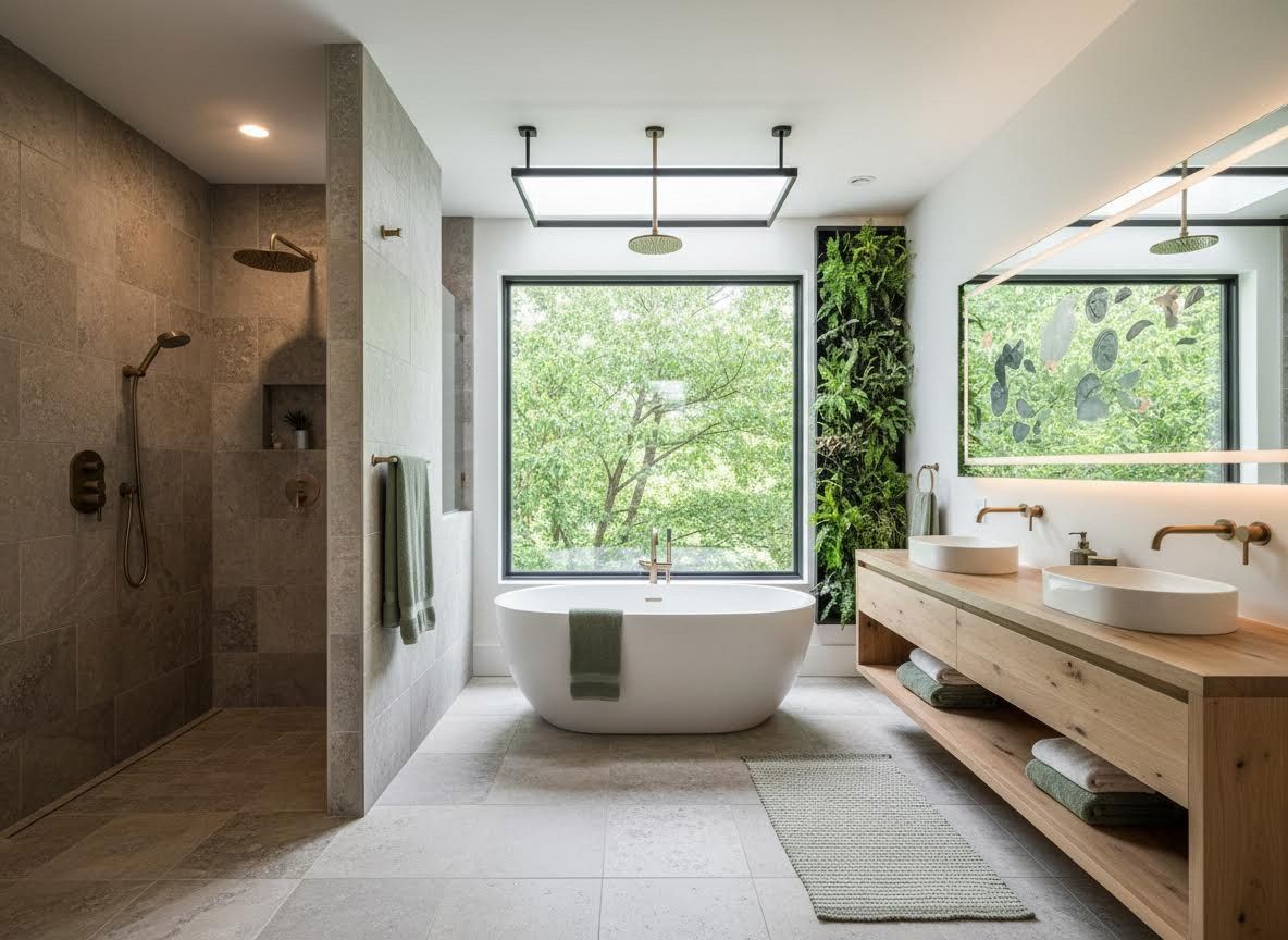 Modern spa-like bathroom with nature views