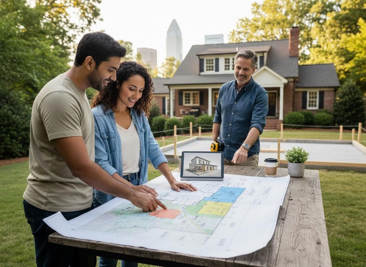 Couple and contractor reviewing home construction plans