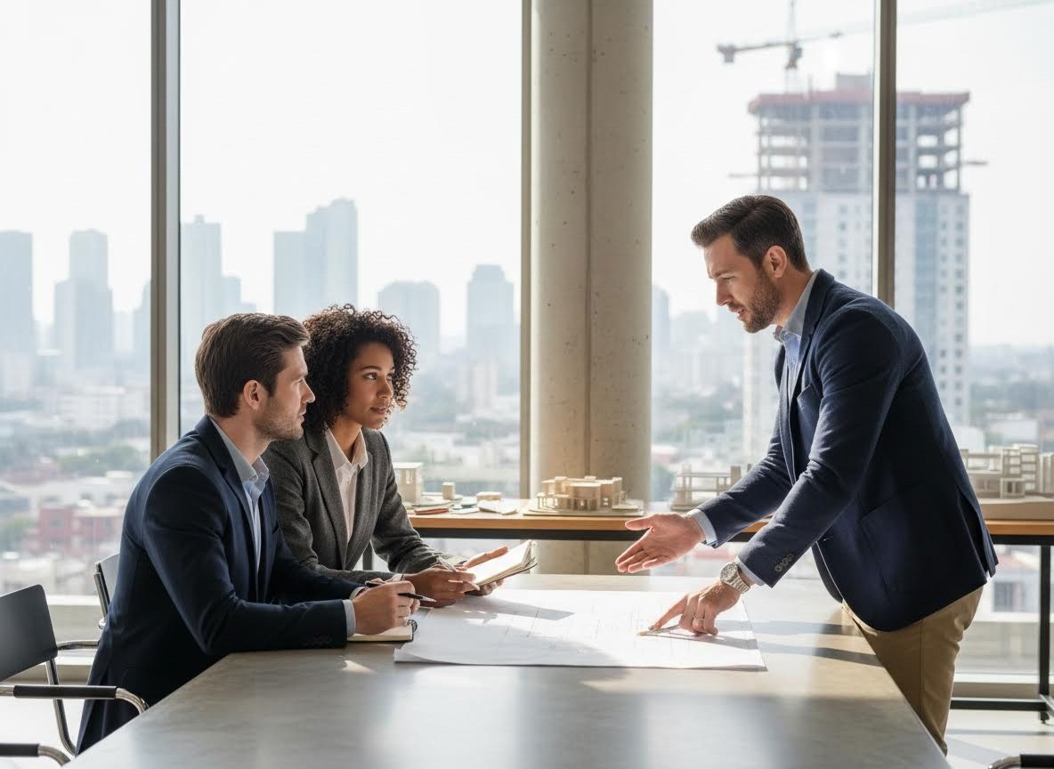 Architects reviewing blueprints in modern office