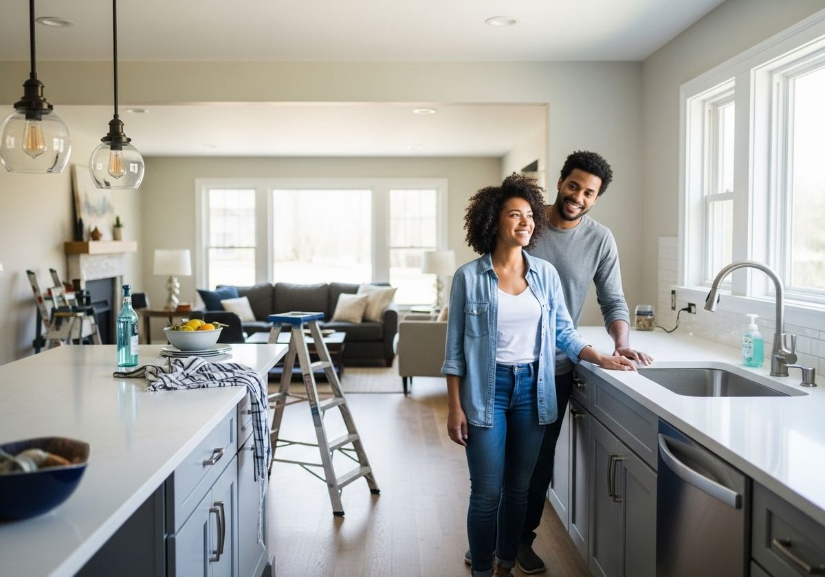 Happy couple in newly renovated kitchen