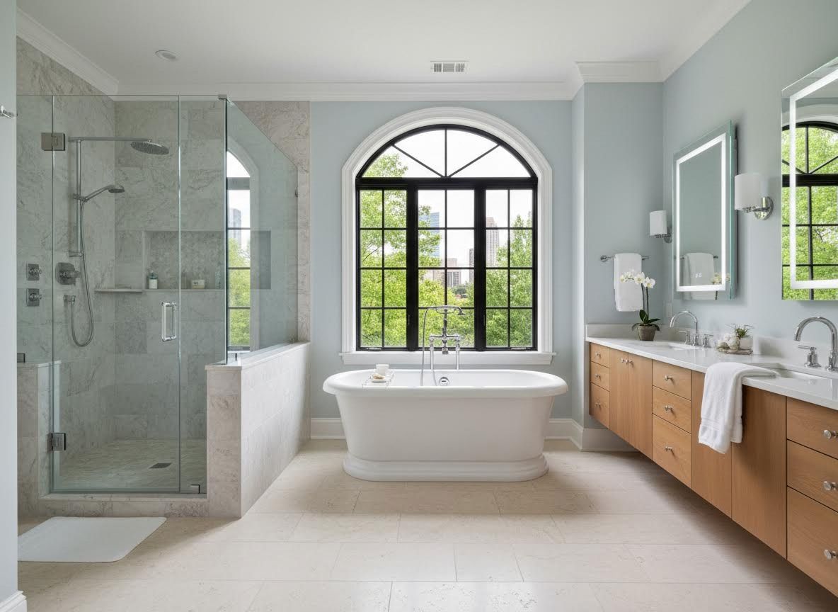 Luxurious modern bathroom with freestanding tub and glass shower
