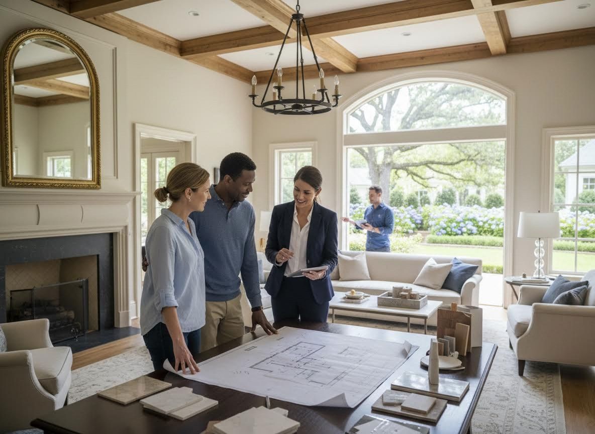 Real estate agent showing blueprints to a couple in a modern home