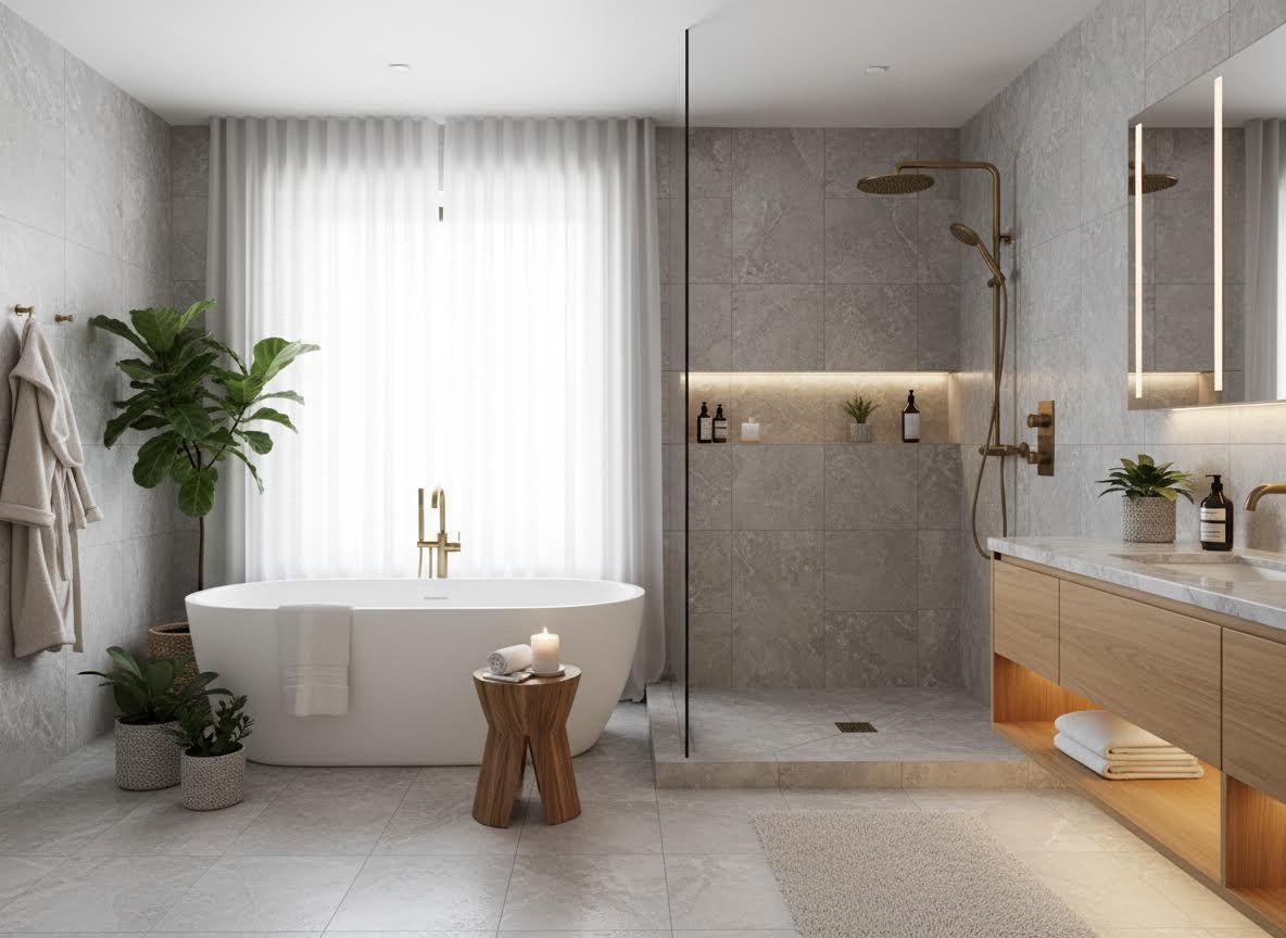 Modern Spa Bathroom with Freestanding Tub and Walk-in Shower
