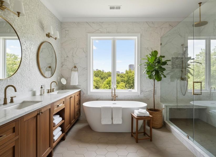 Luxurious Modern Bathroom with Freestanding Tub and City View