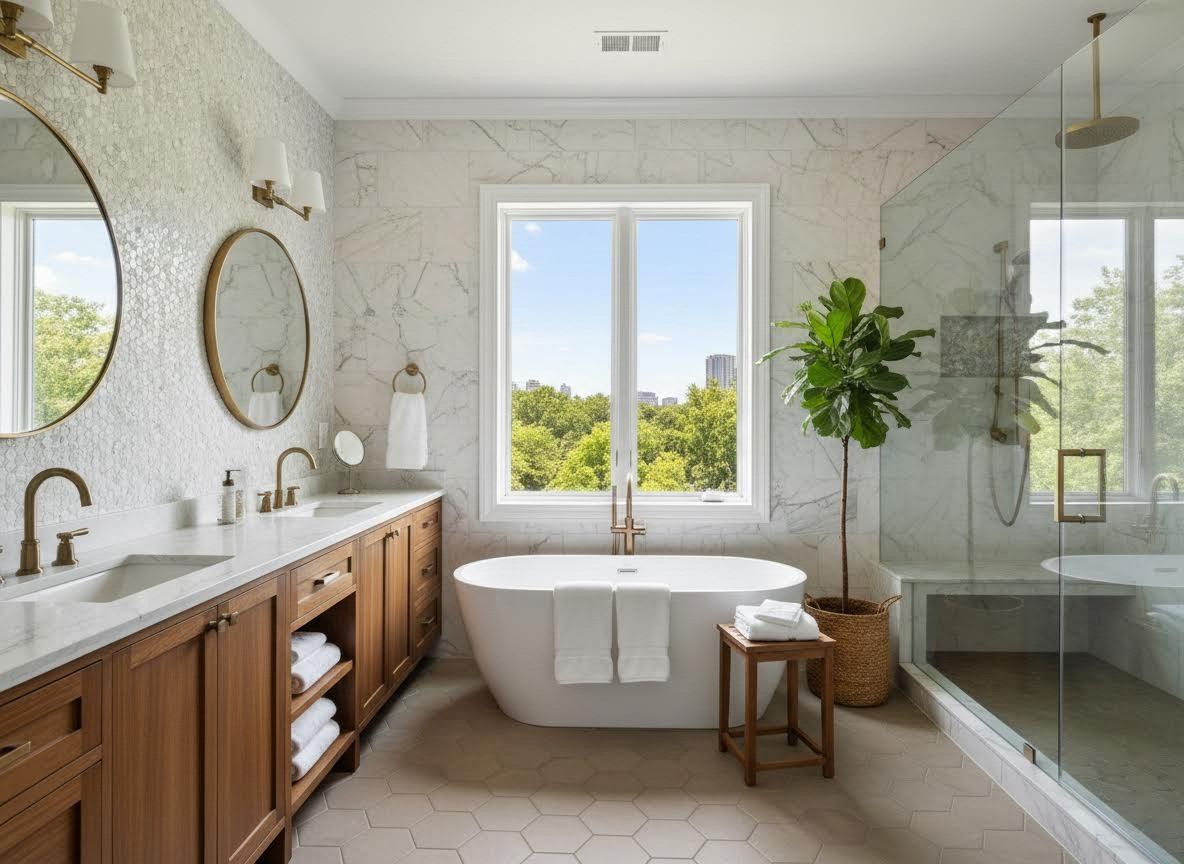 Luxurious Modern Bathroom with Freestanding Tub and City View
