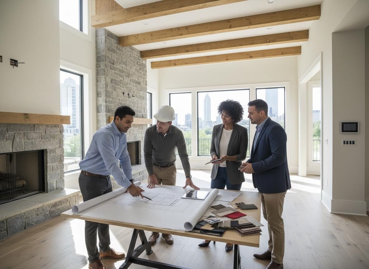 Construction professionals and clients reviewing blueprints in a modern home