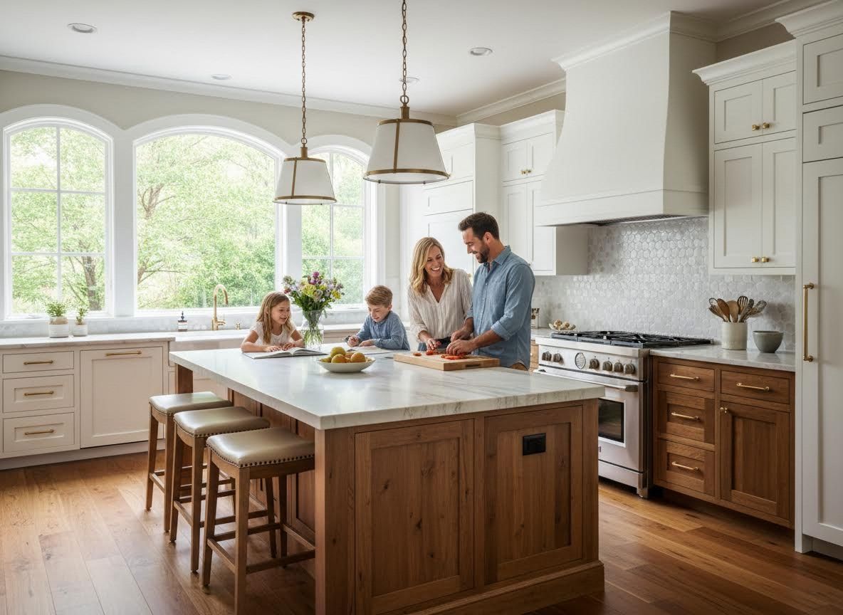 Family in a modern kitchen preparing food