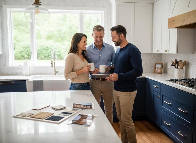 Couple and designer discussing kitchen renovation