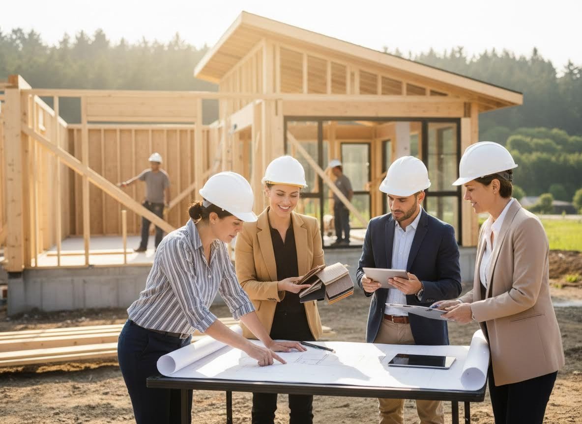 Construction Team Discussing Plans at Building Site