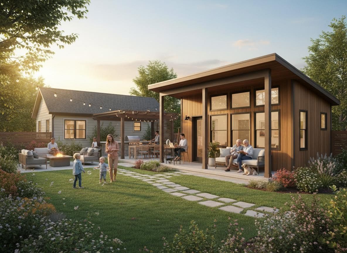 Multi-generational family gathering in a modern backyard with ADU