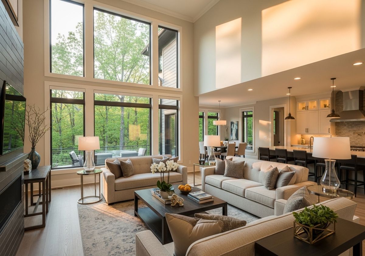 Living room with large windows and modern design