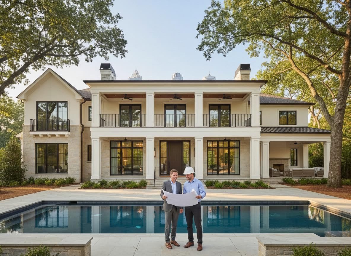 Architect and Client Reviewing Plans at a Modern Luxury Home with Pool