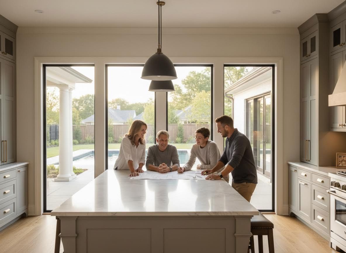 Family Reviewing Home Plans in Modern Kitchen
