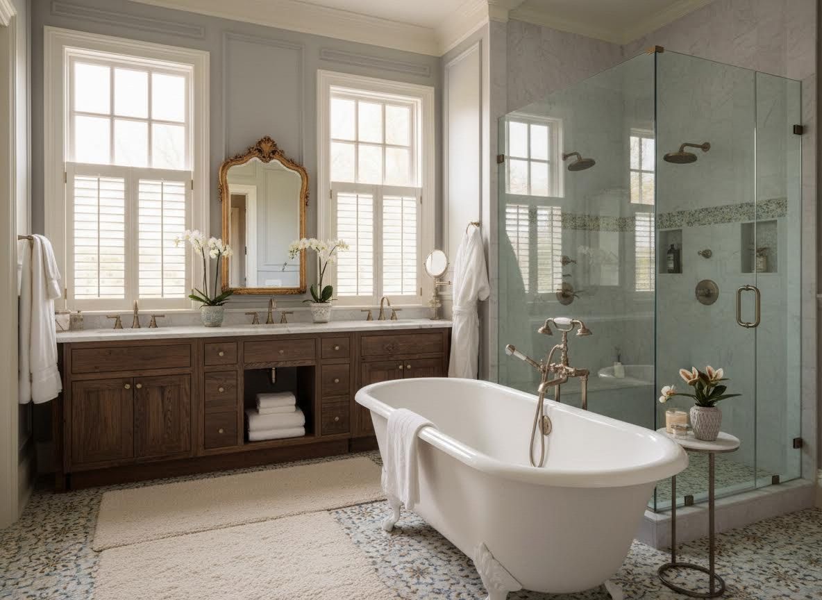 Elegant Primary Bathroom with Clawfoot Tub and Double Vanity