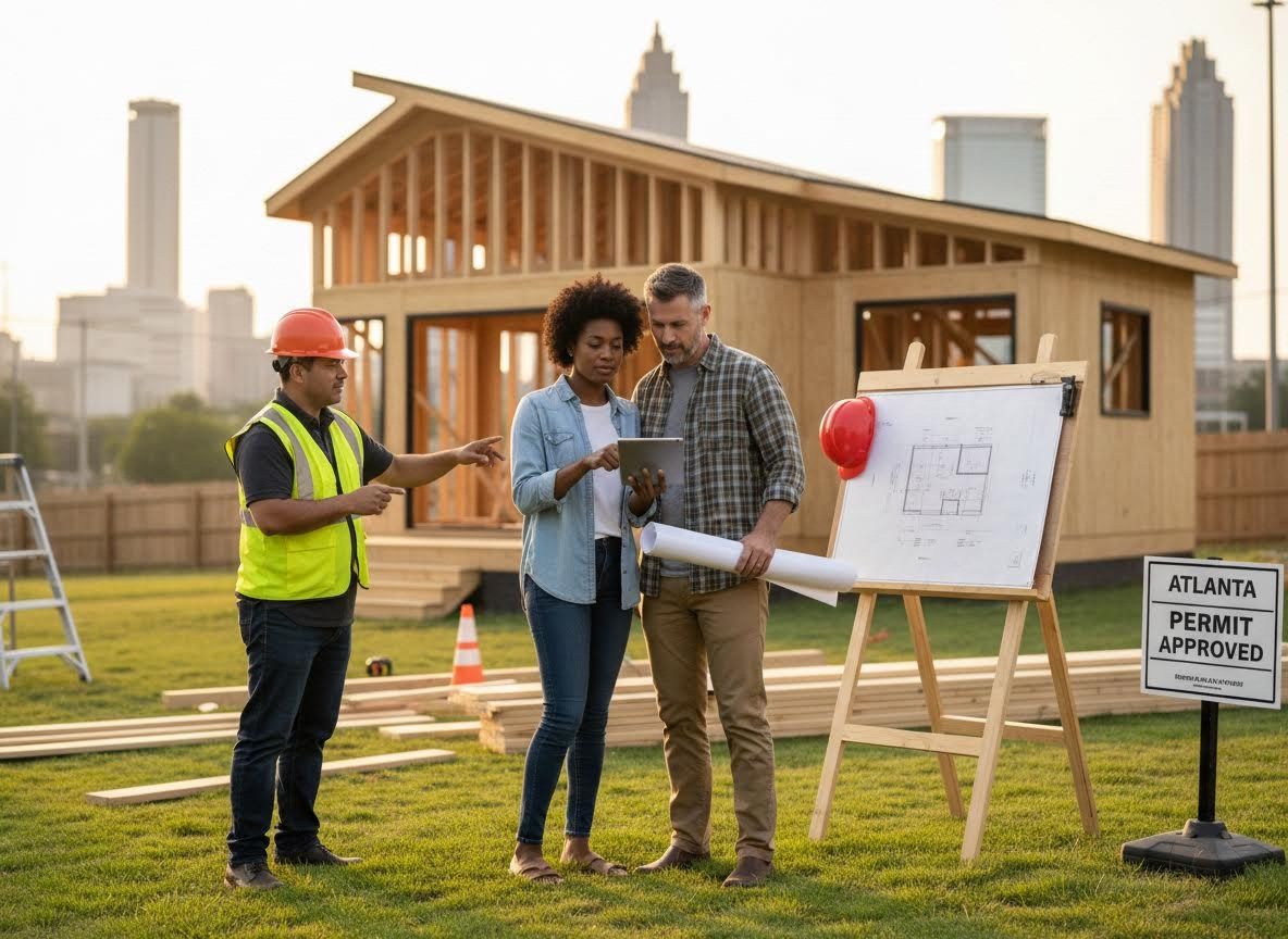 Construction worker and couple reviewing plans at new home build site