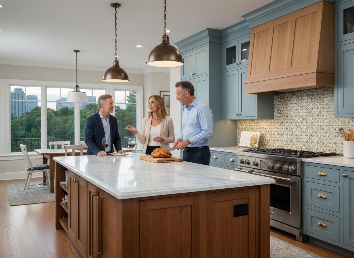 Friends gathering in a modern kitchen with city views