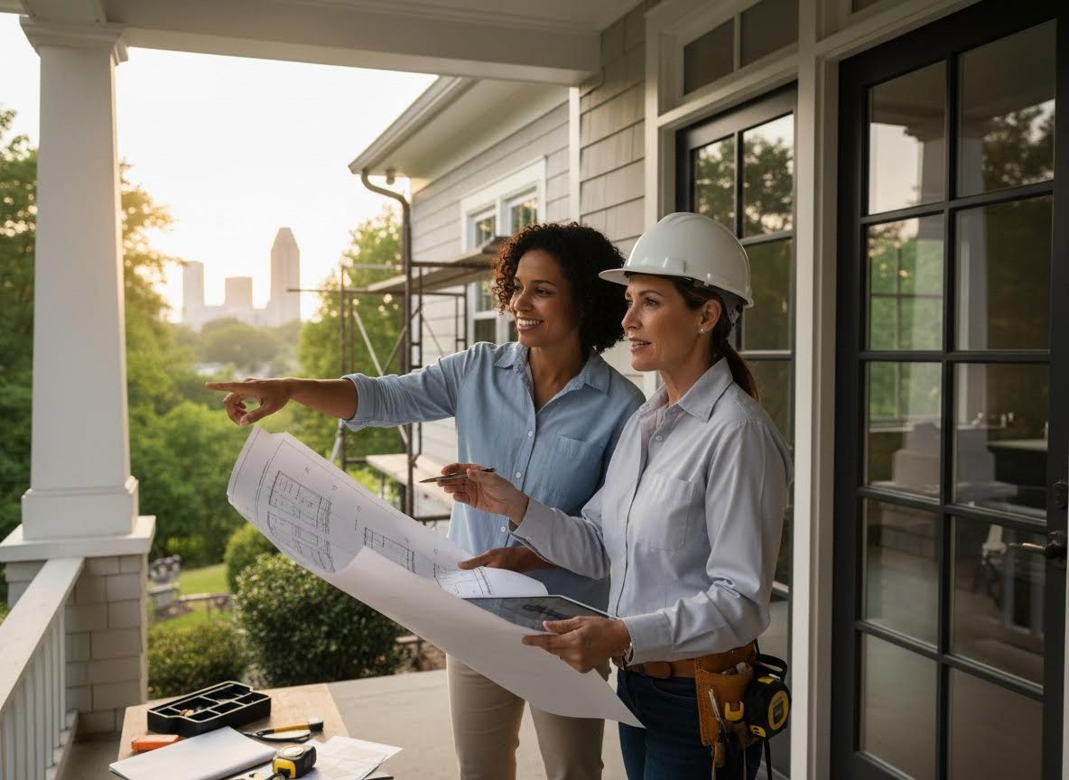 Two women reviewing architectural blueprints