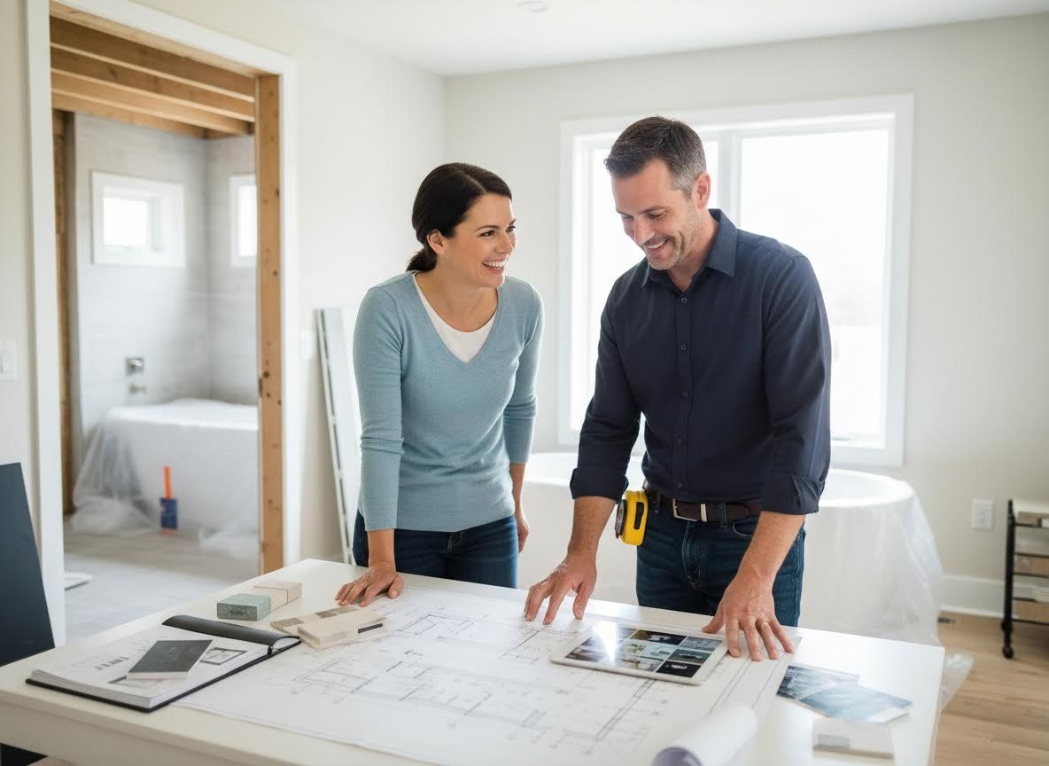 Couple discussing home renovation blueprints and digital plans