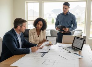 Three professionals reviewing architectural plans and documents