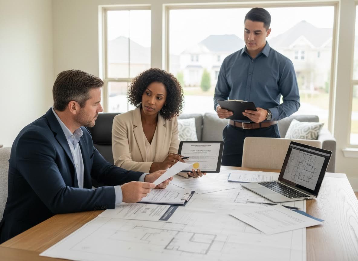 Three professionals reviewing architectural plans and documents