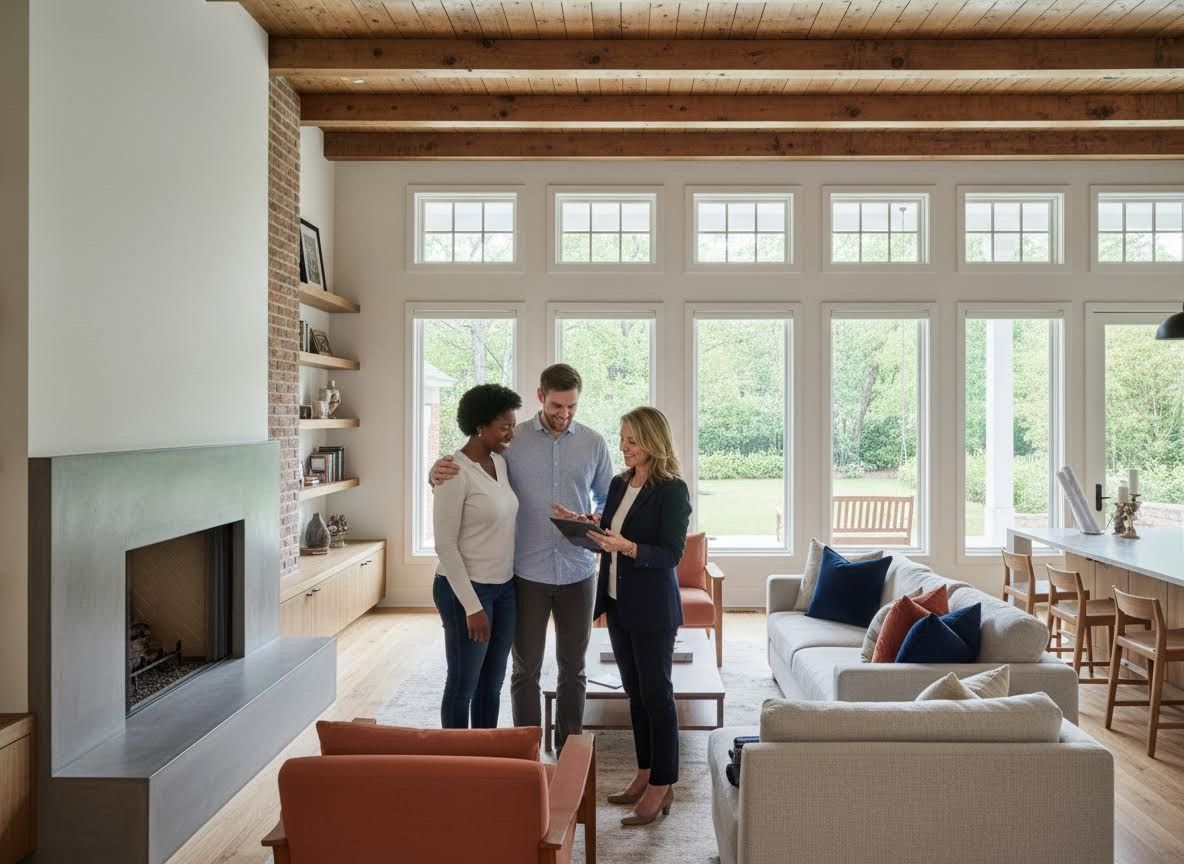 Real Estate Agent Discussing Property with Couple in Modern Home