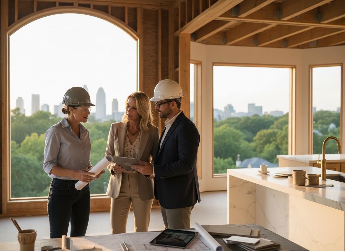 Construction Professionals Discussing Plans in a New Home