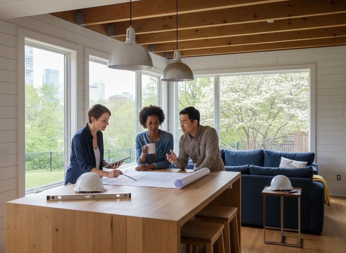 Architects and clients reviewing building plans