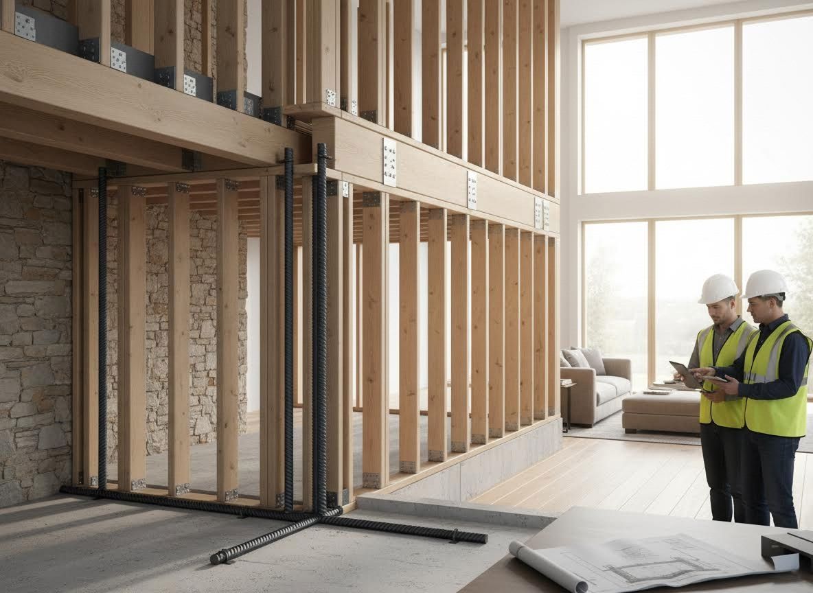 Construction workers review plans at timber-framed building site