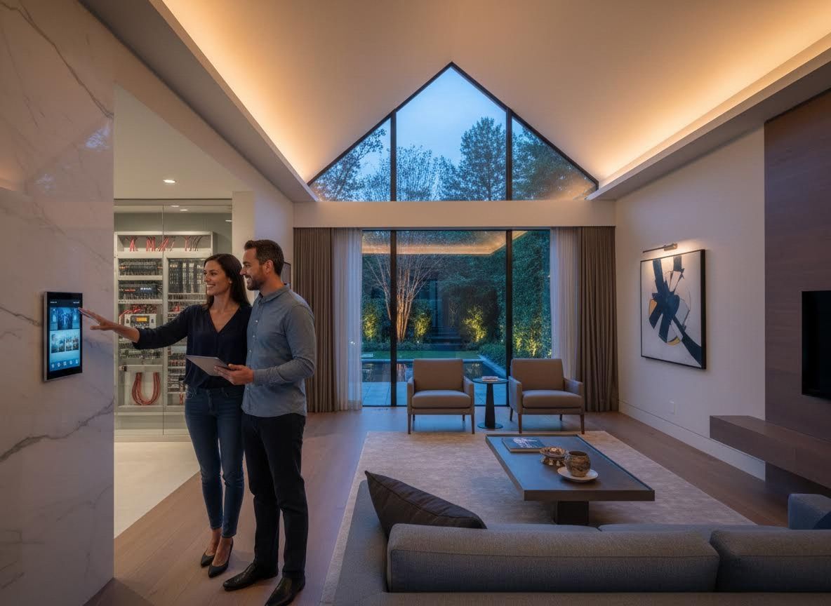 Couple using smart home control in luxurious modern house