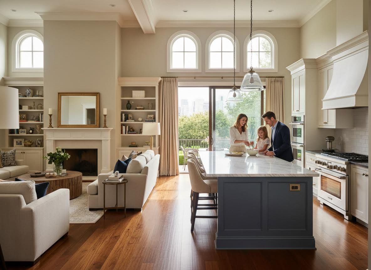 Family Cooking in Open-Plan Kitchen Living Room