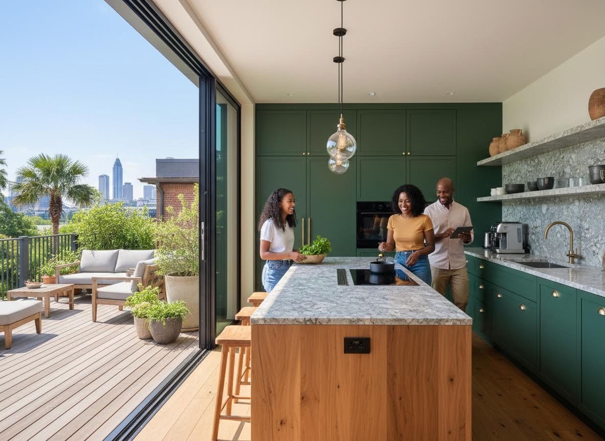 Family cooking in modern green kitchen with city view