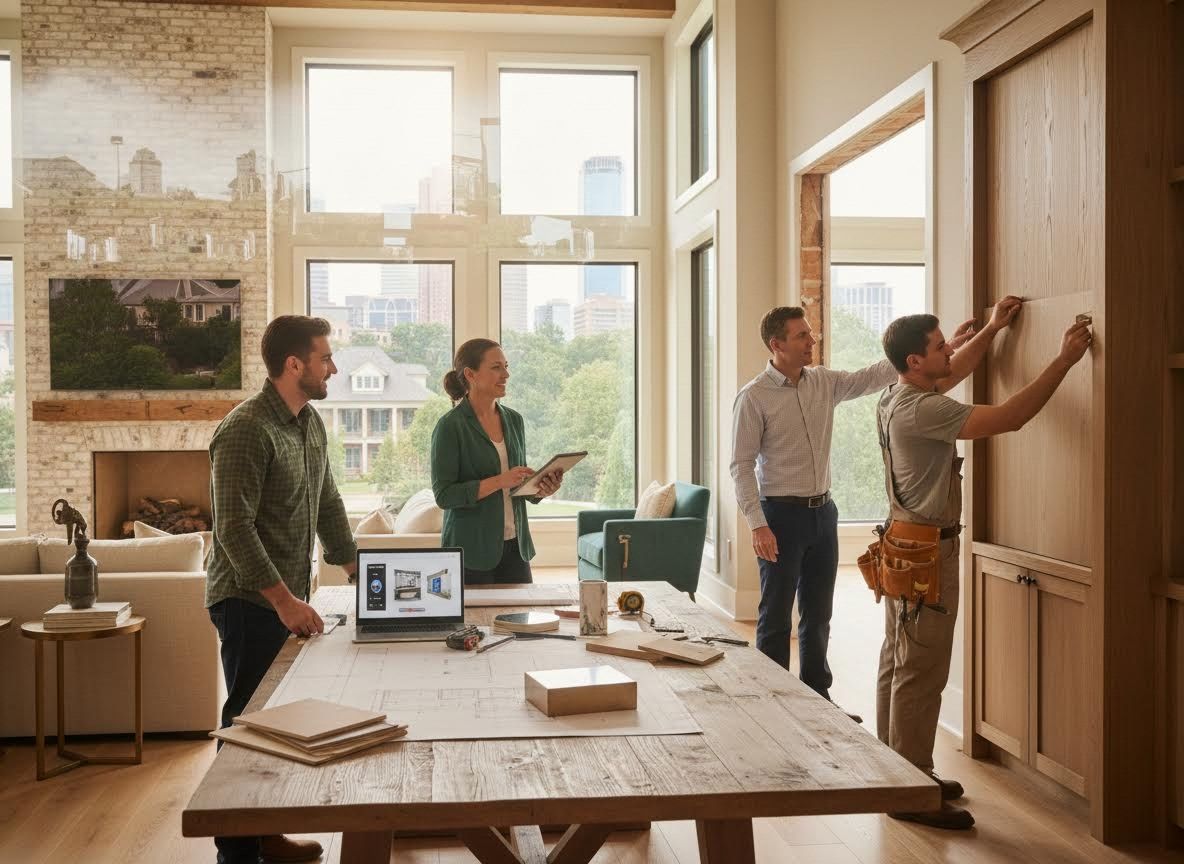 Home renovation team collaborating on custom cabinetry