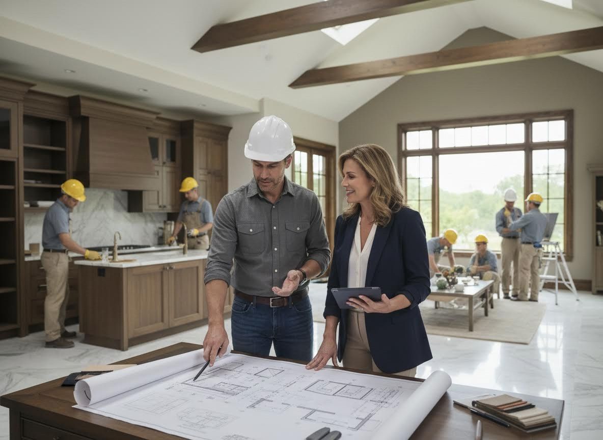 Construction Project Team Reviewing Blueprints