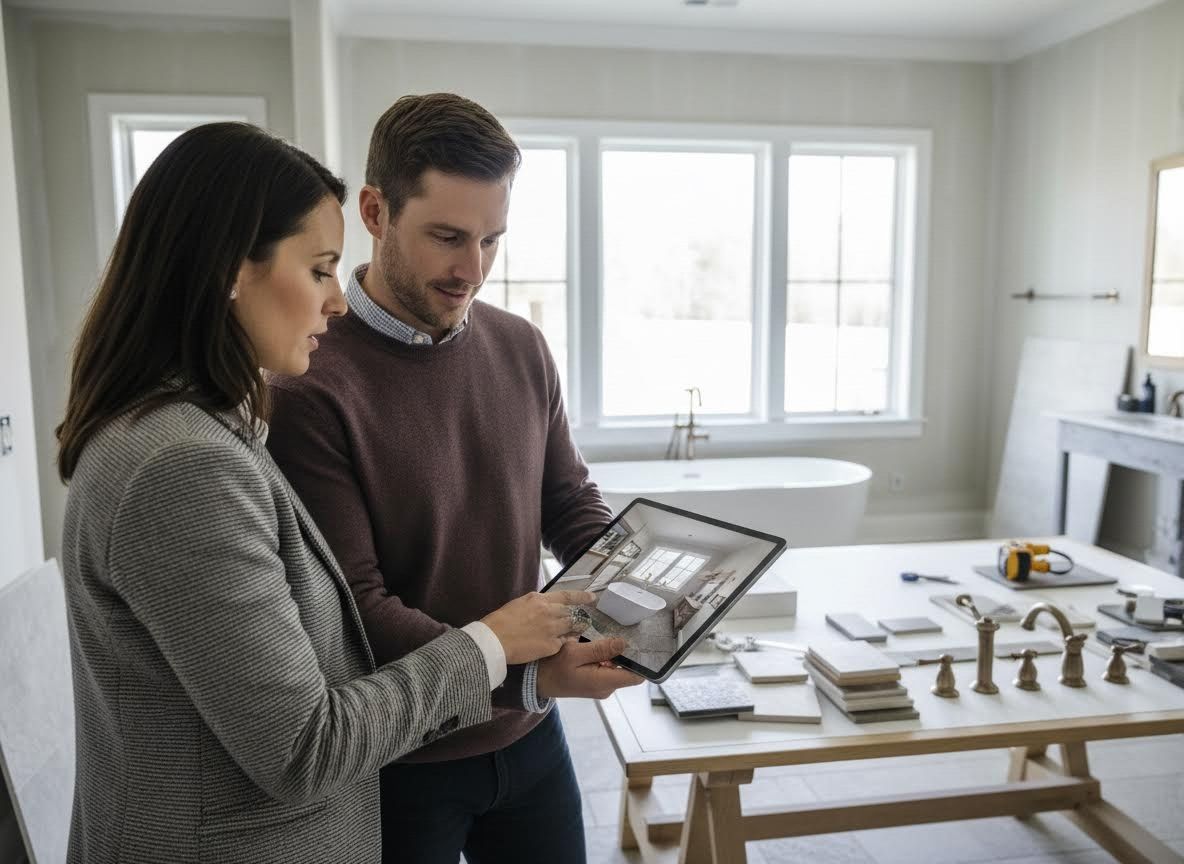 Couple Reviewing Bathroom Design on Tablet