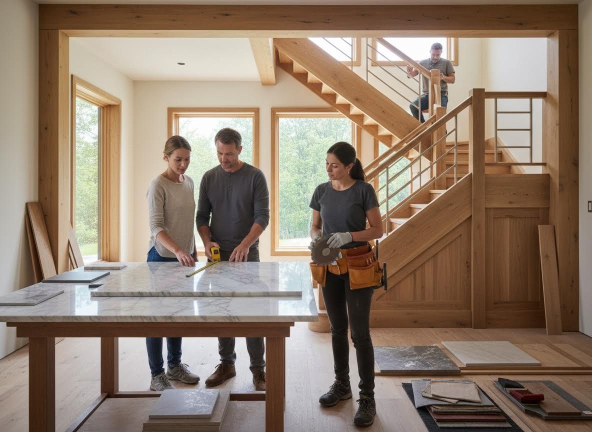 Family working on home renovation project with marble countertops