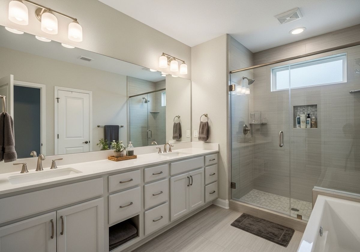 Modern Bathroom with Double Vanity and Glass Shower