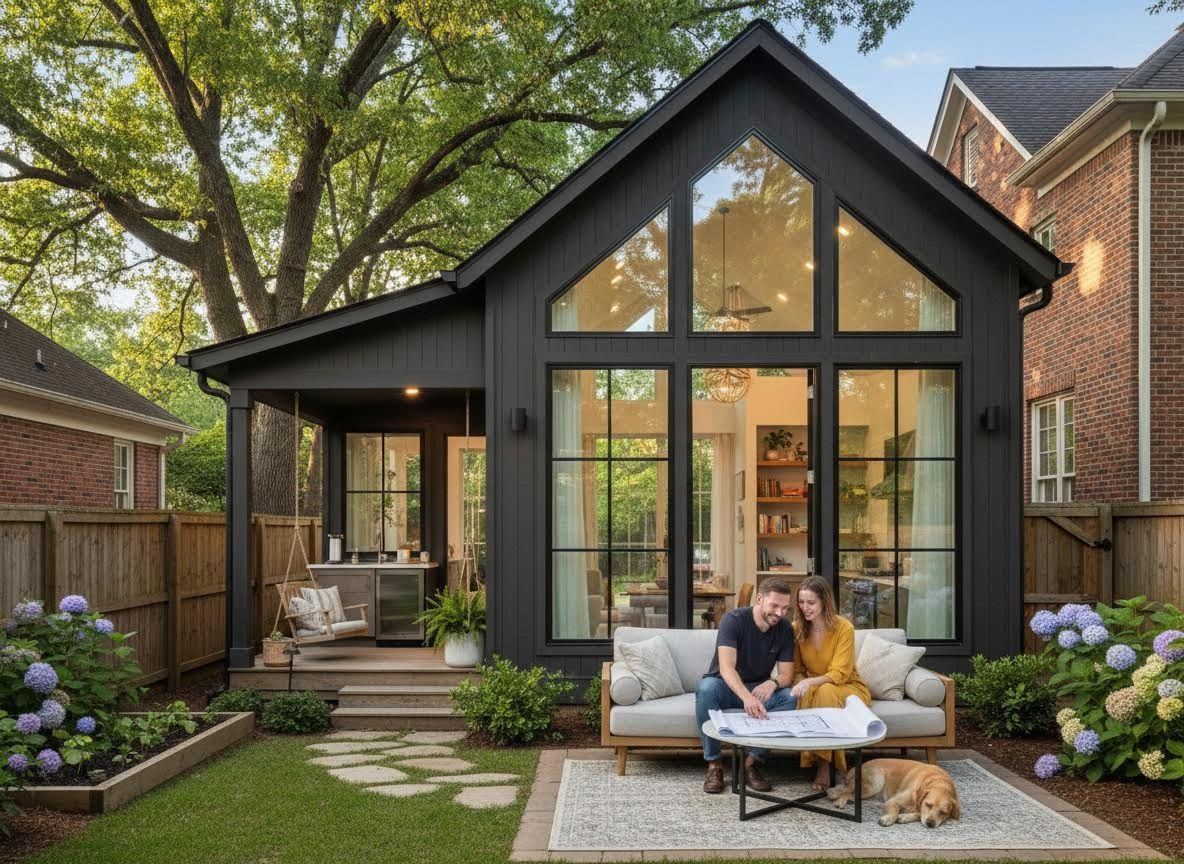 Couple and Dog Reviewing Blueprints Outside Modern Black House