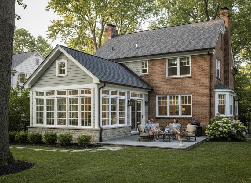 Exterior of a brick house with a sunroom addition and family on a patio