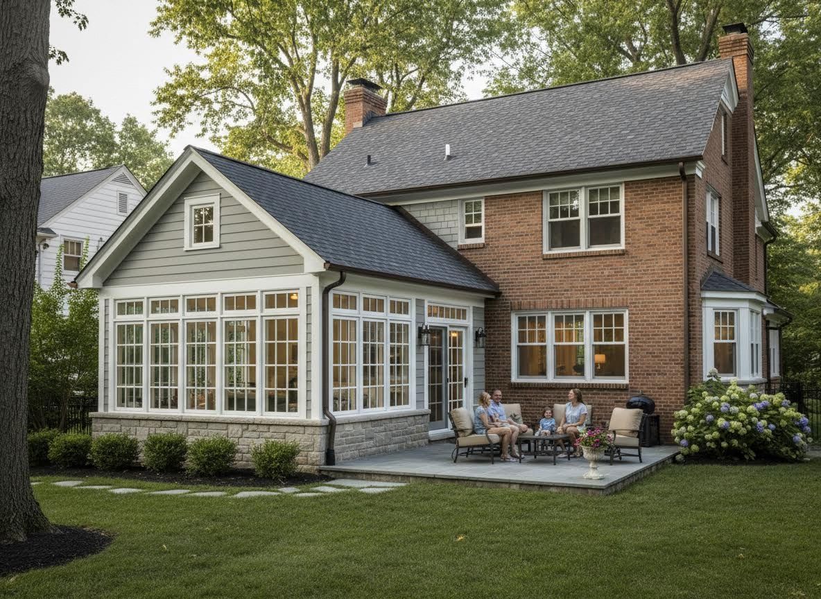 Exterior of a brick house with a sunroom addition and family on a patio