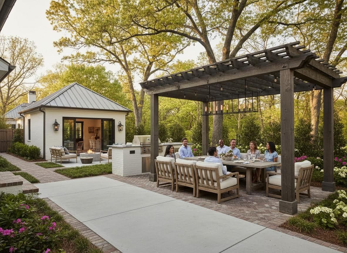 Outdoor Entertainment Area with Pergola Dining and Guesthouse