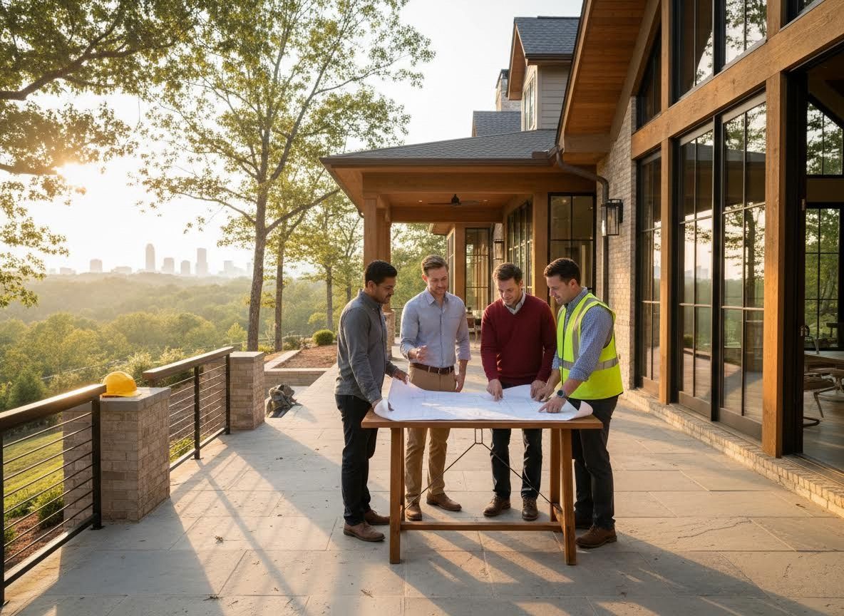 Construction Professionals Reviewing Blueprints on a Patio