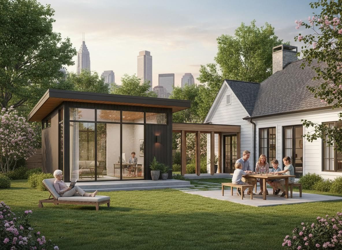 Multi-generational family enjoying a modern backyard with a detached office