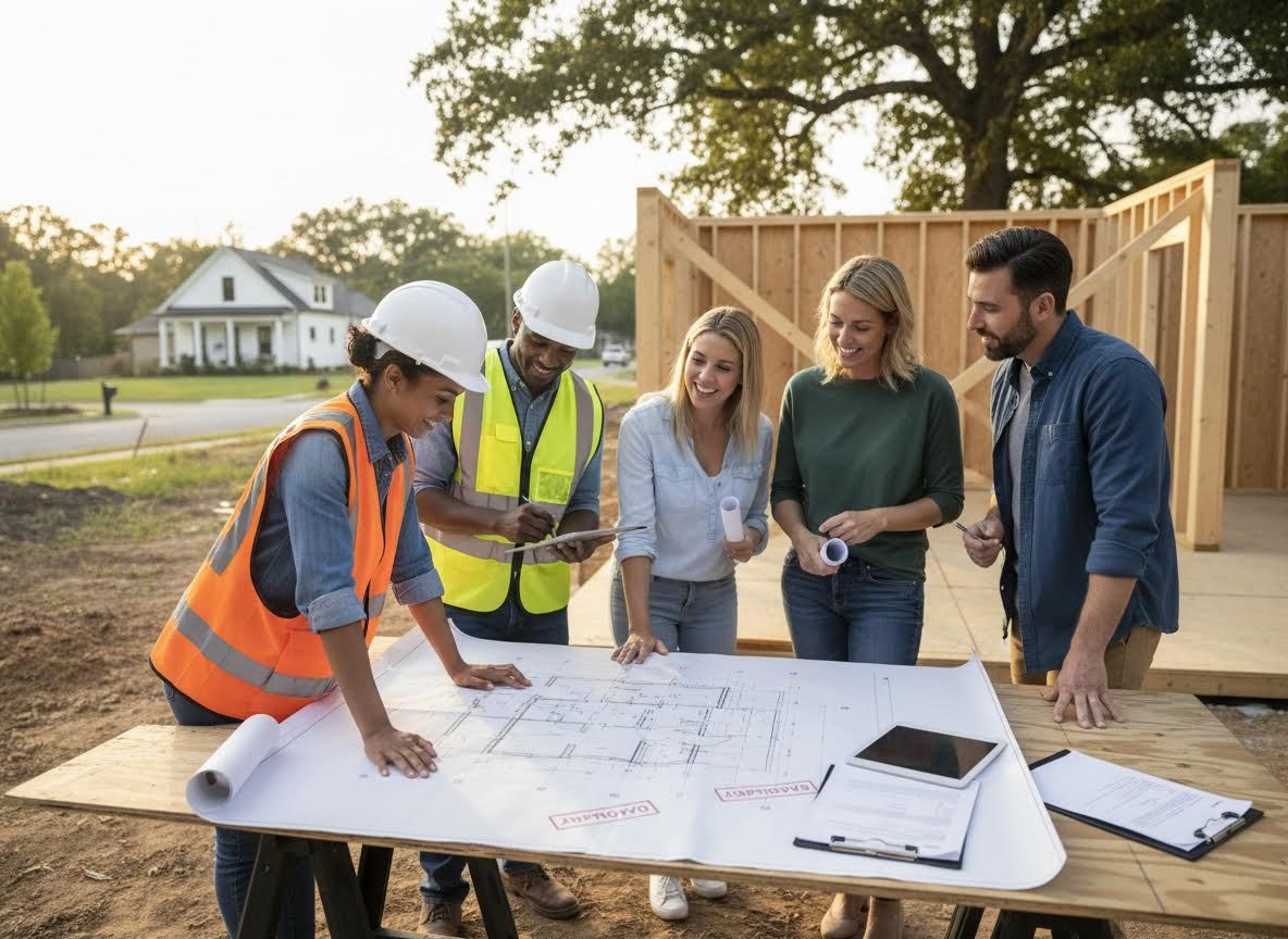 Construction Team and Homeowners Reviewing Blueprints